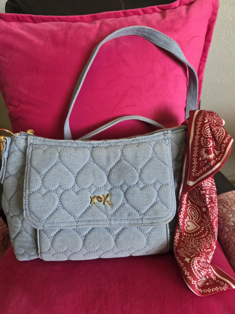 Betsey Johnson Light Blue Quilted Heart Denim Shoulder Bag with Red Bandana